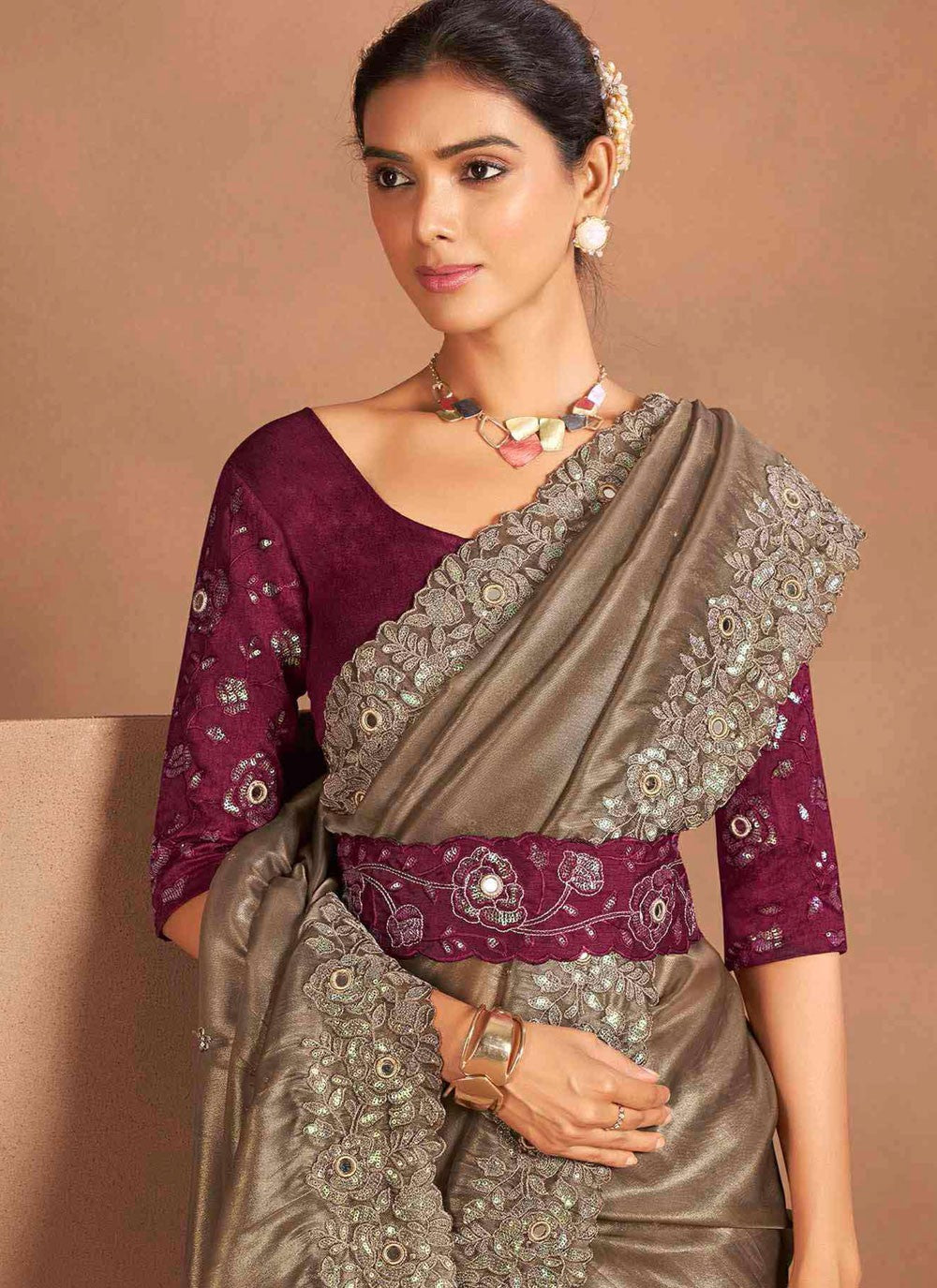 Traditional Embroidered Brown Silk Saree S13386