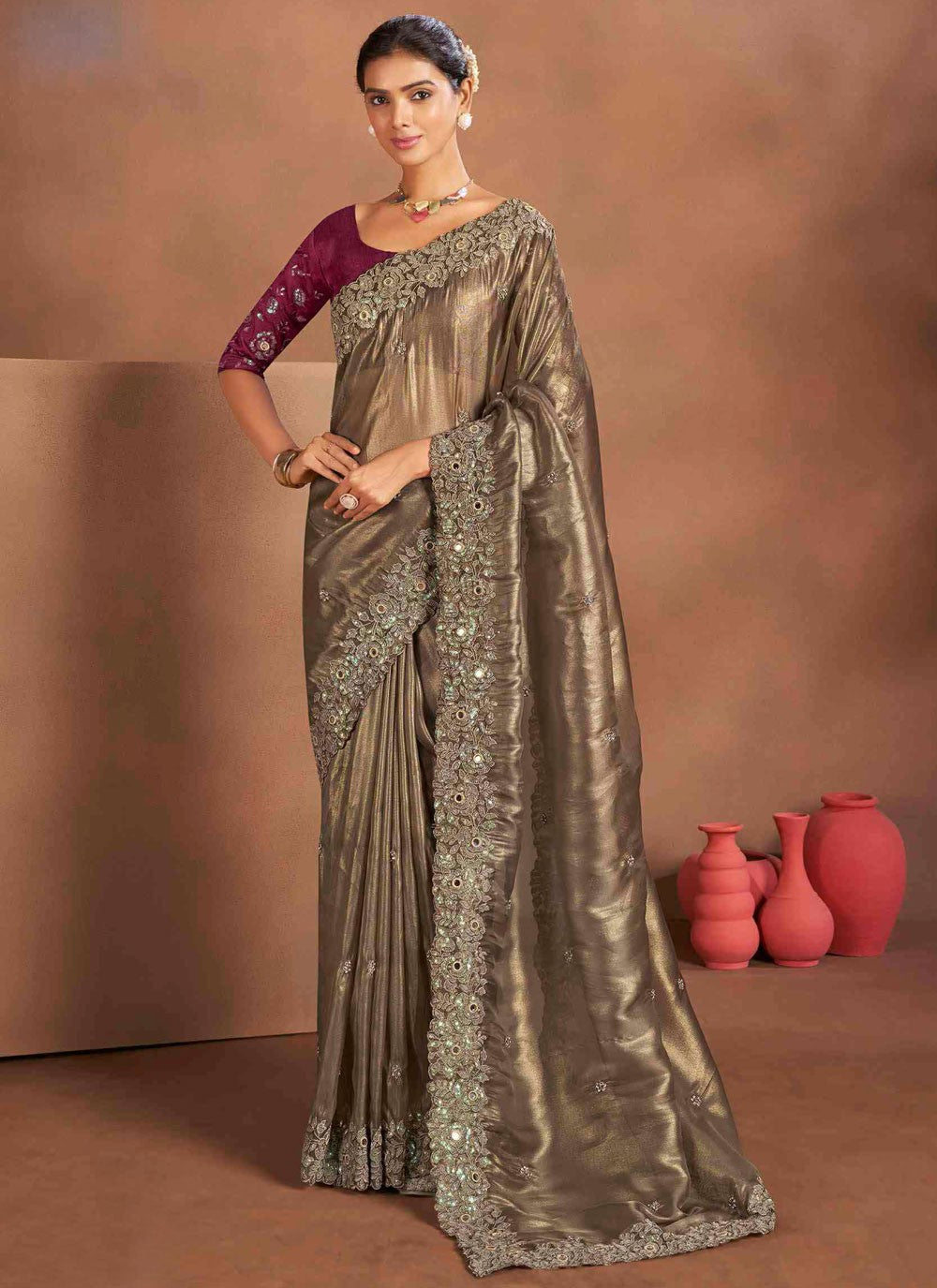 Traditional Embroidered Brown Silk Saree S13386