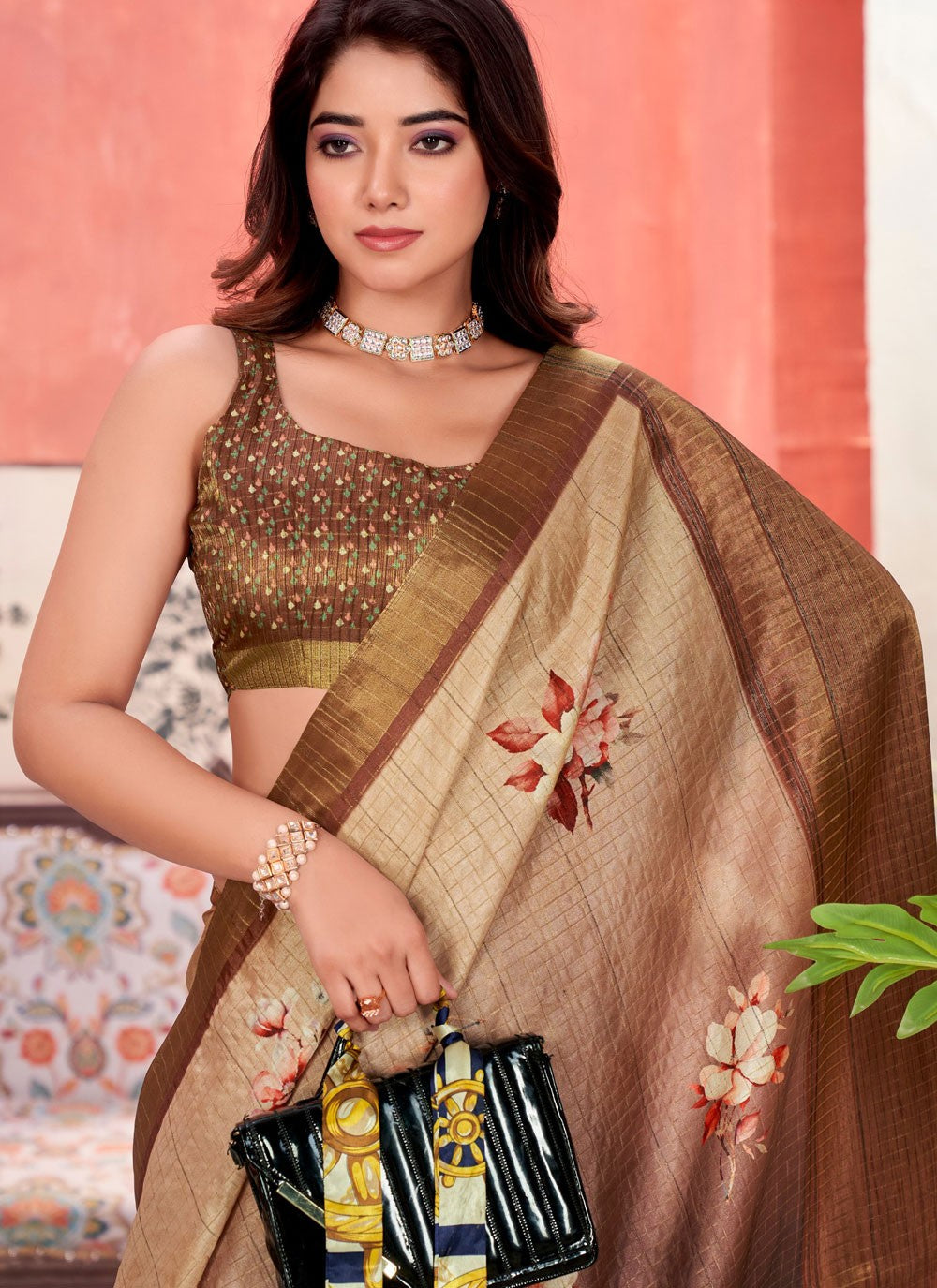 Checks Silk Brown Traditional Saree S15631