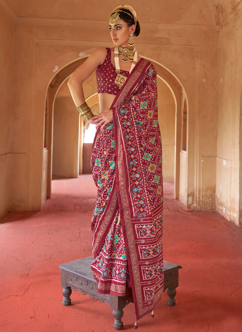 Burgundy Silk Traditional Saree Patola Print S18270