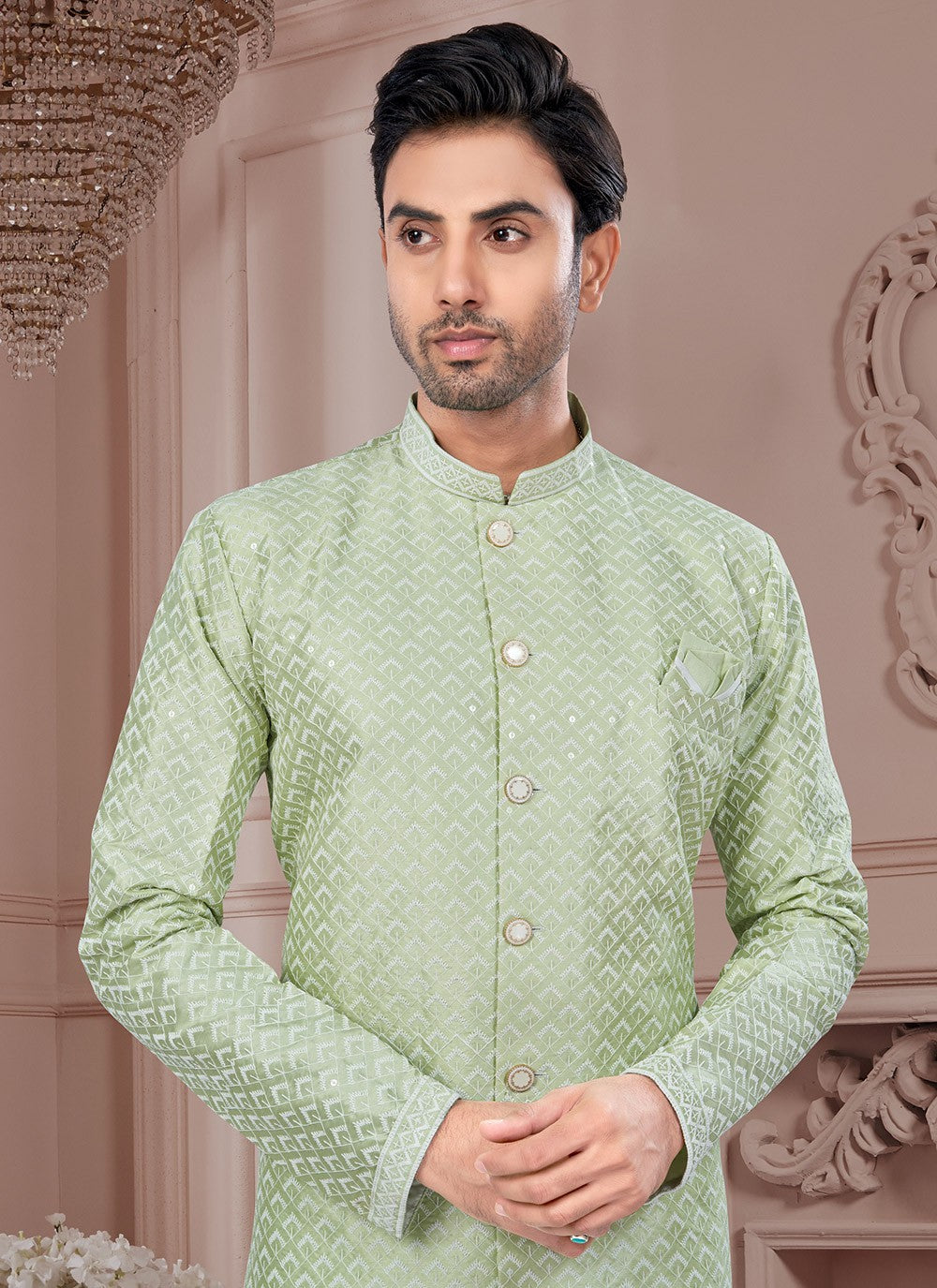 Buttons Imported, Silk Green Indo Western Sherwani - M8621