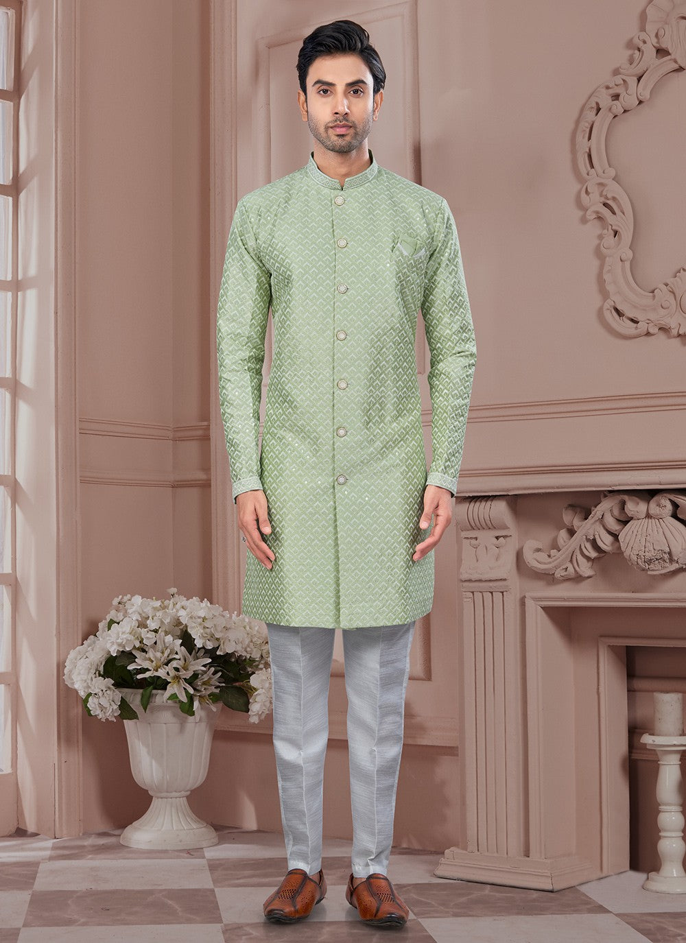 Buttons Imported, Silk Green Indo Western Sherwani - M8621