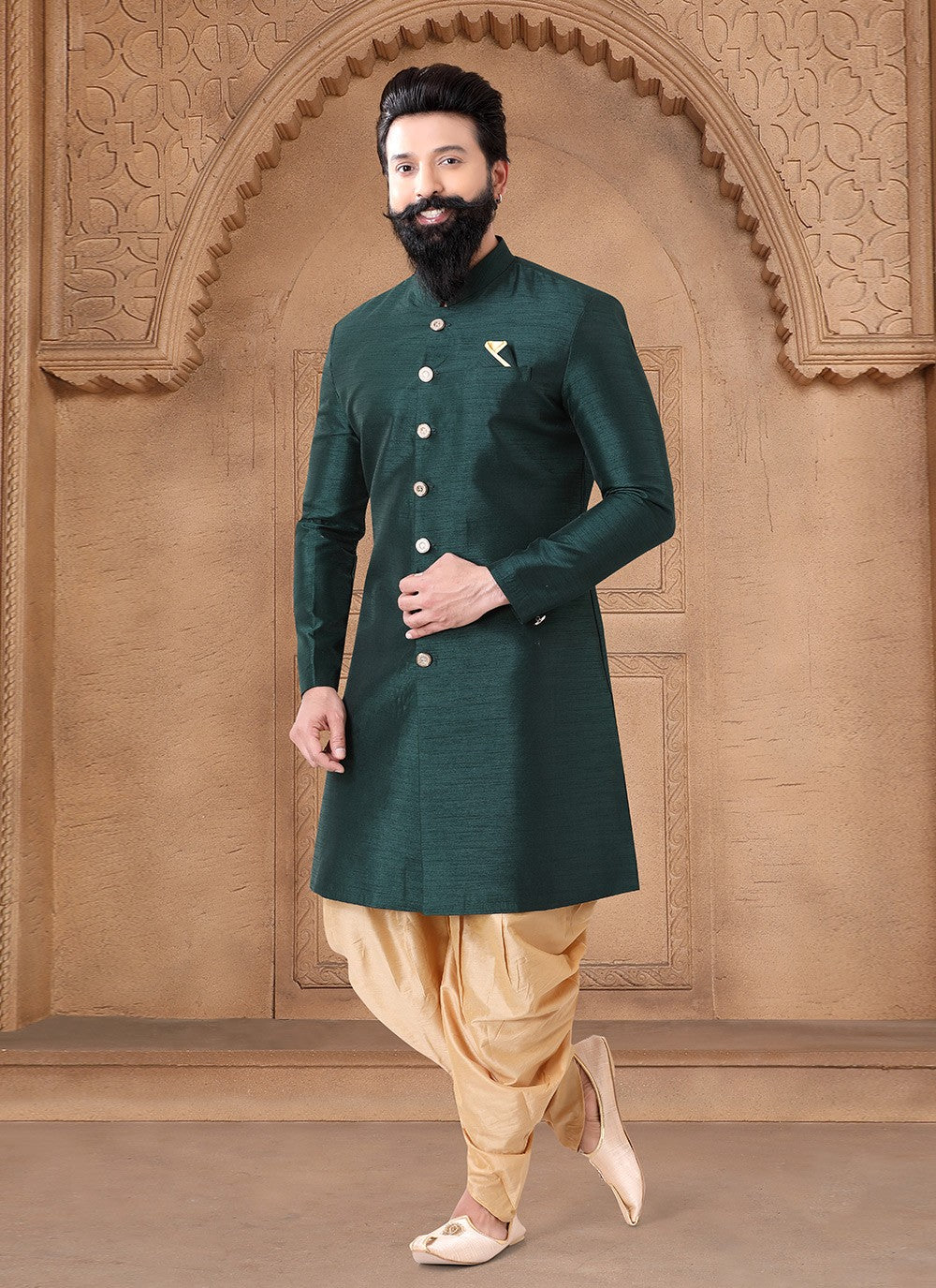 Buttons Silk Green Sherwani - M7634
