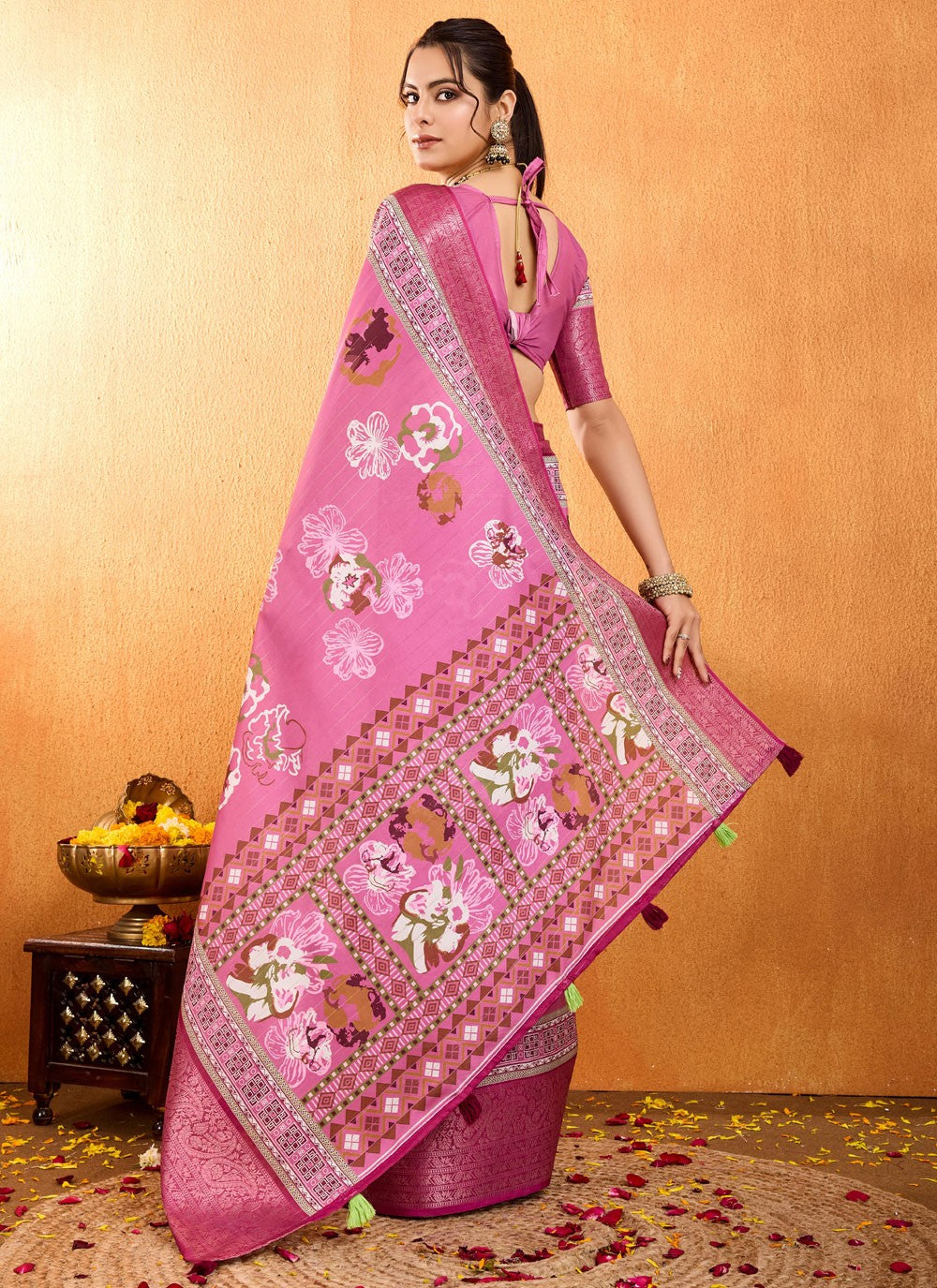 Floral Printed Silk Peach Saree S13779