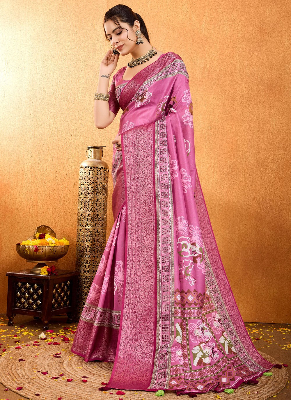 Floral Printed Silk Peach Saree S13779