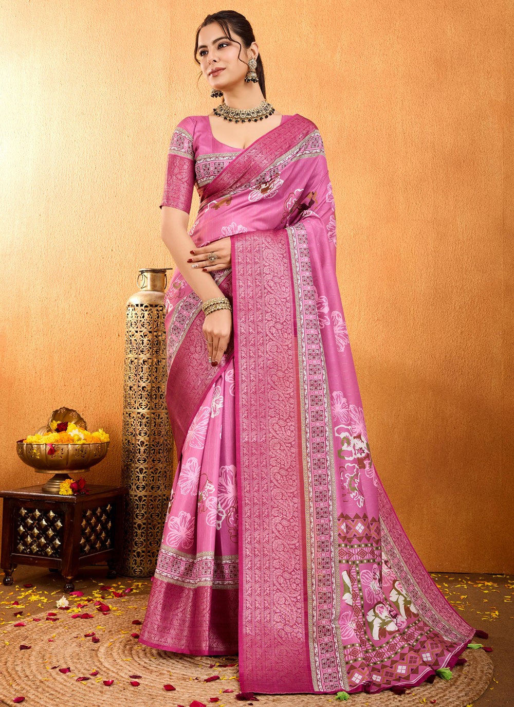 Floral Printed Silk Peach Saree S13779