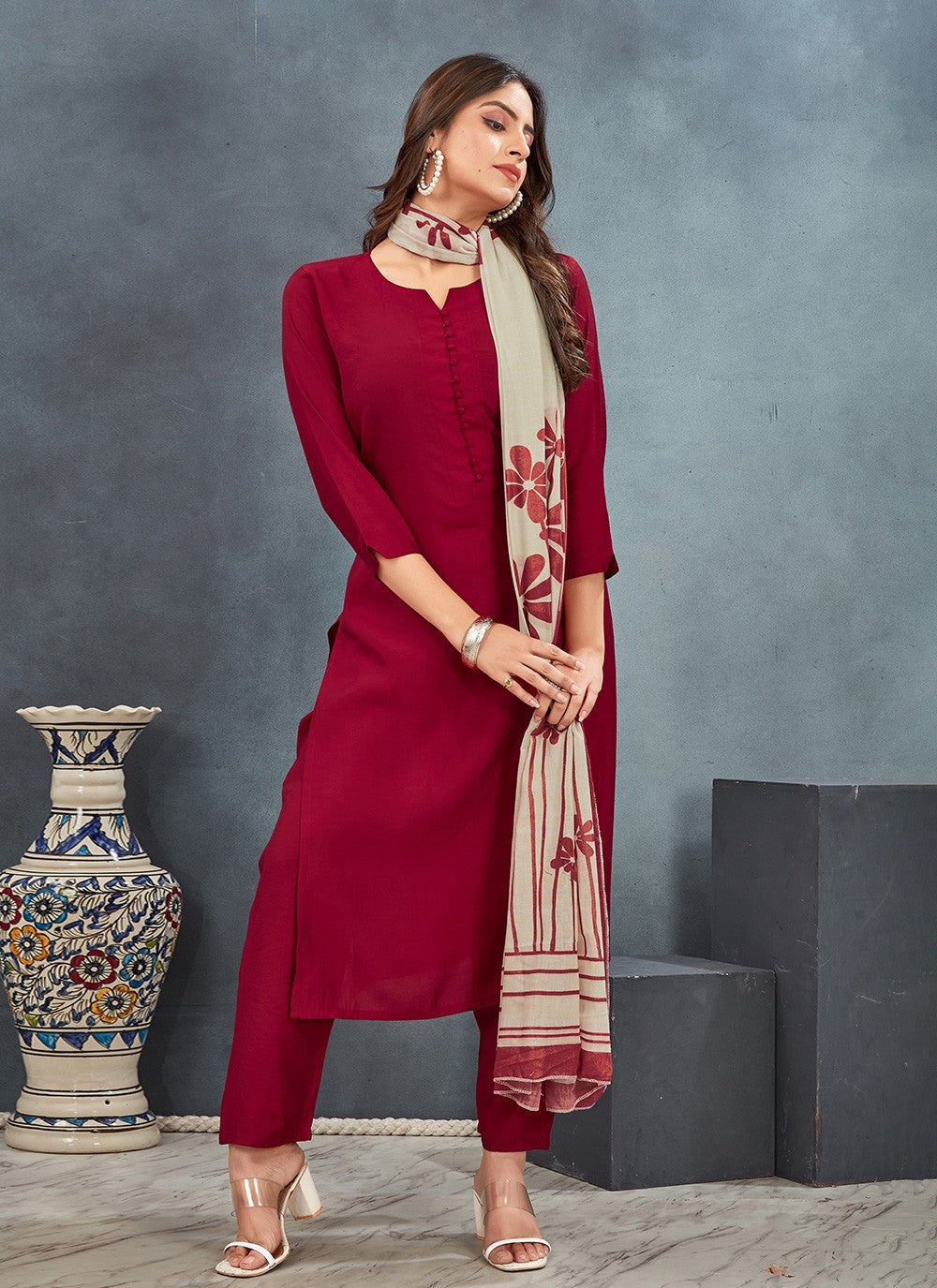 Pant Style Suit Plain Red Silk T5005