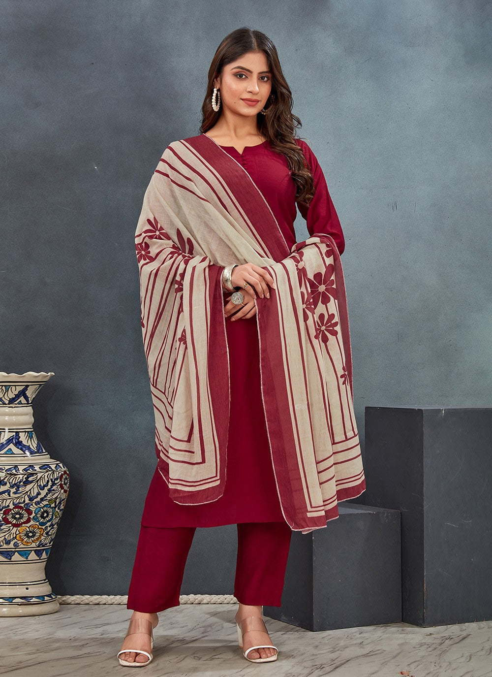 Pant Style Suit Plain Red Silk T5005