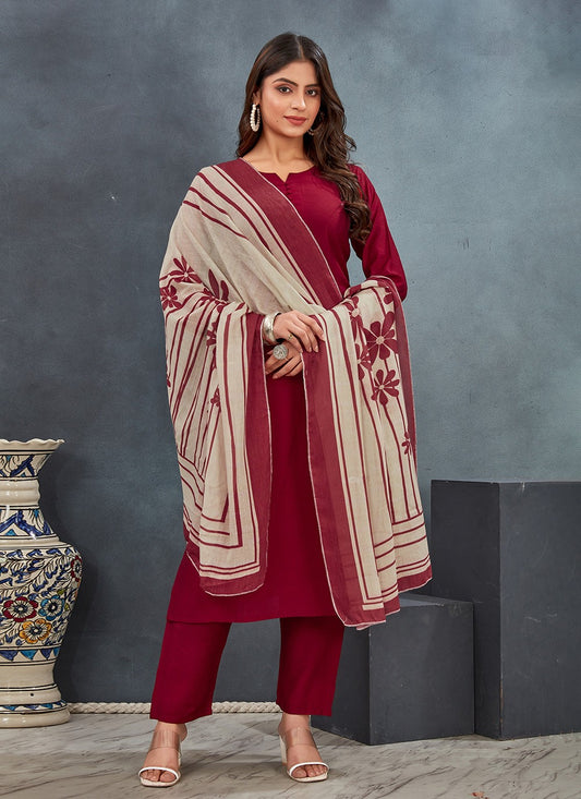 Pant Style Suit Plain Red Silk T5005