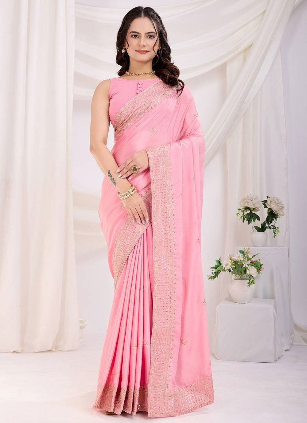 Casual Border Work Pink Silk S12963