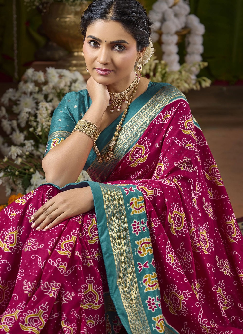 Hot Pink Silk Casual Saree Abstract Print S20236