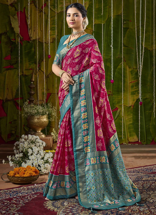 Hot Pink Silk Casual Saree Abstract Print S20236