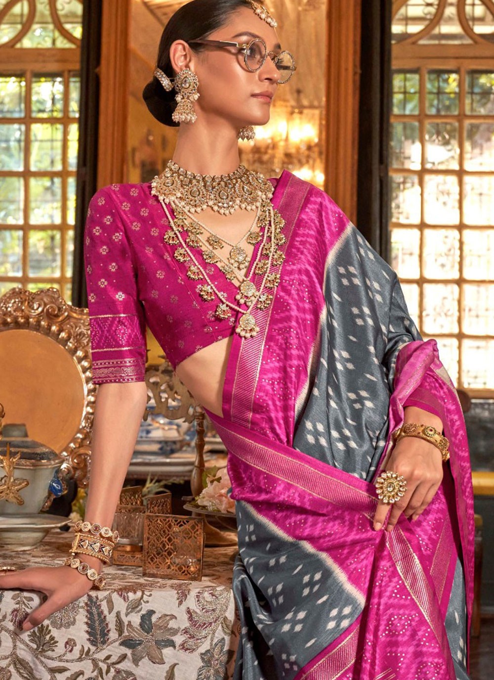 Geometric Print Silk Grey Classic Saree S14897
