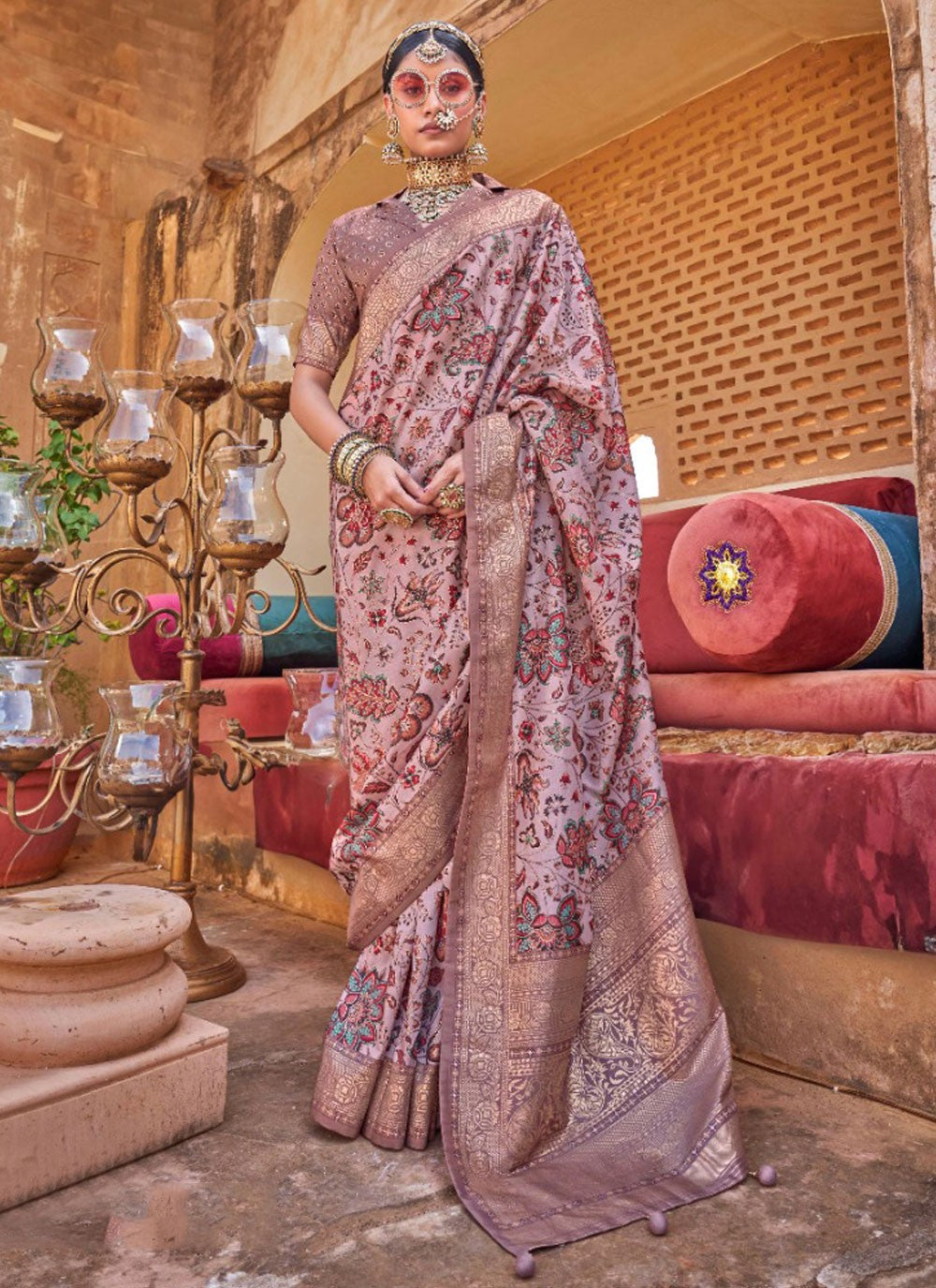 Border Work, Foliage Prints, Weaving Zari Silk Saree - S12095