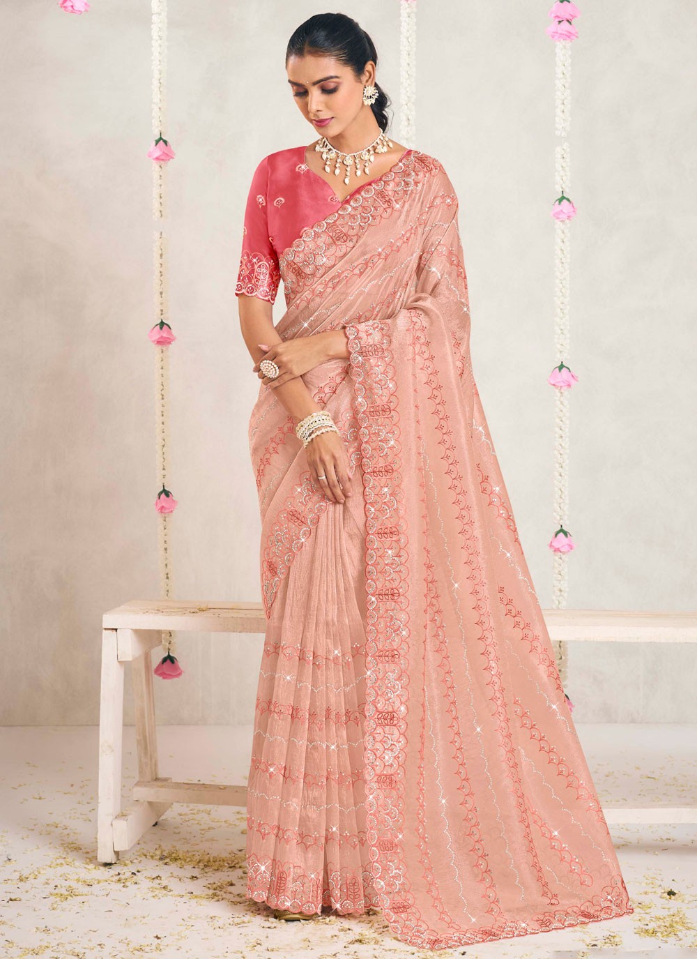 Designer Weaving Zari Peach Silk S12739