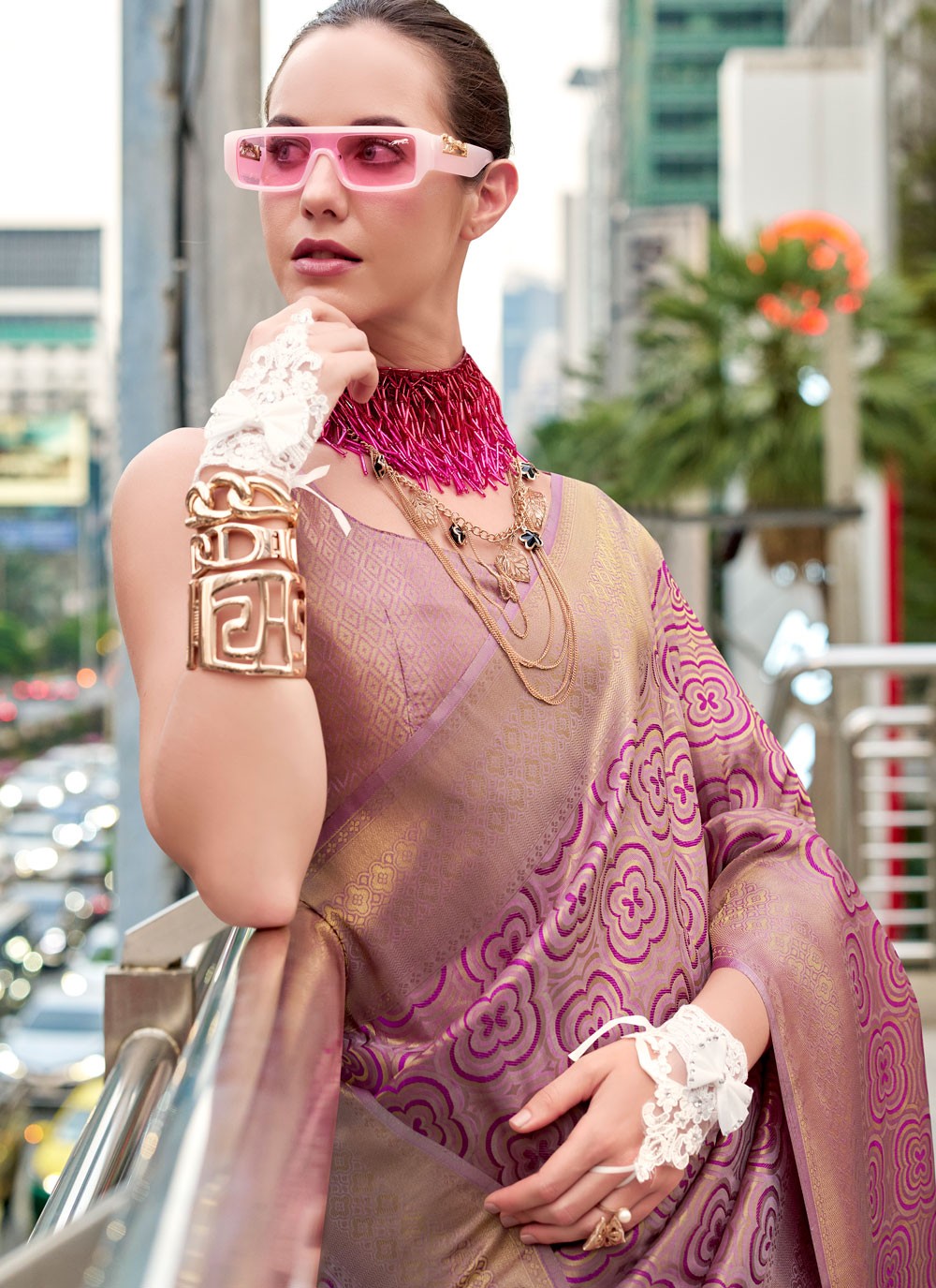 Designer Weaving Zari Mauve Silk S12993