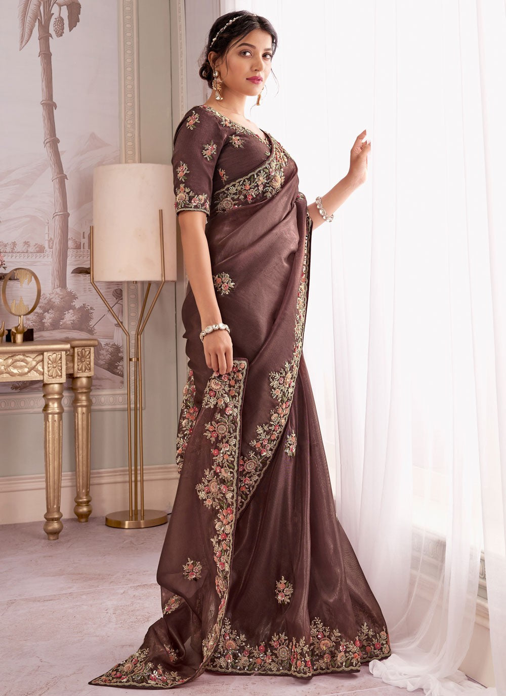 Purple Silk Designer Saree Buttis, Embroidered, Sequins, Zari S17441