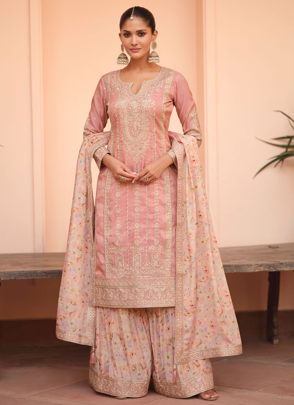 Palazzo Suit Embroidered Pink T8669