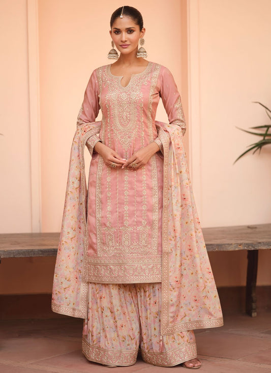 Palazzo Suit Embroidered Pink T8669