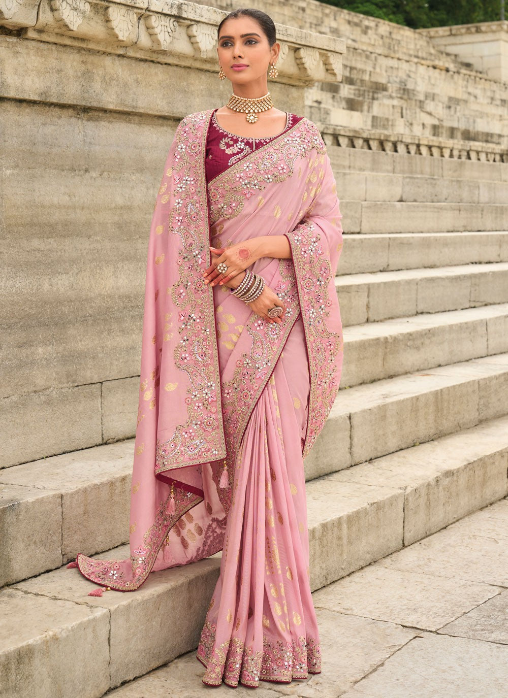 Traditional Buttis Pink Silk Saree S13029