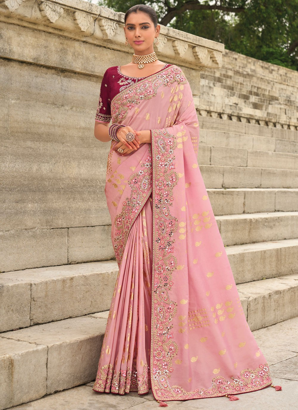 Traditional Buttis Pink Silk Saree S13029