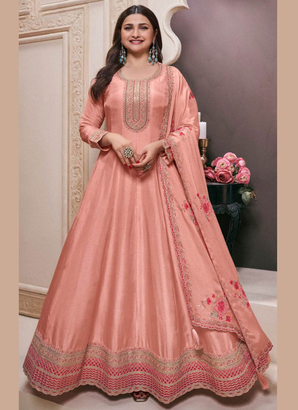 Salwar Suit Embroidered Pink Silk T5550