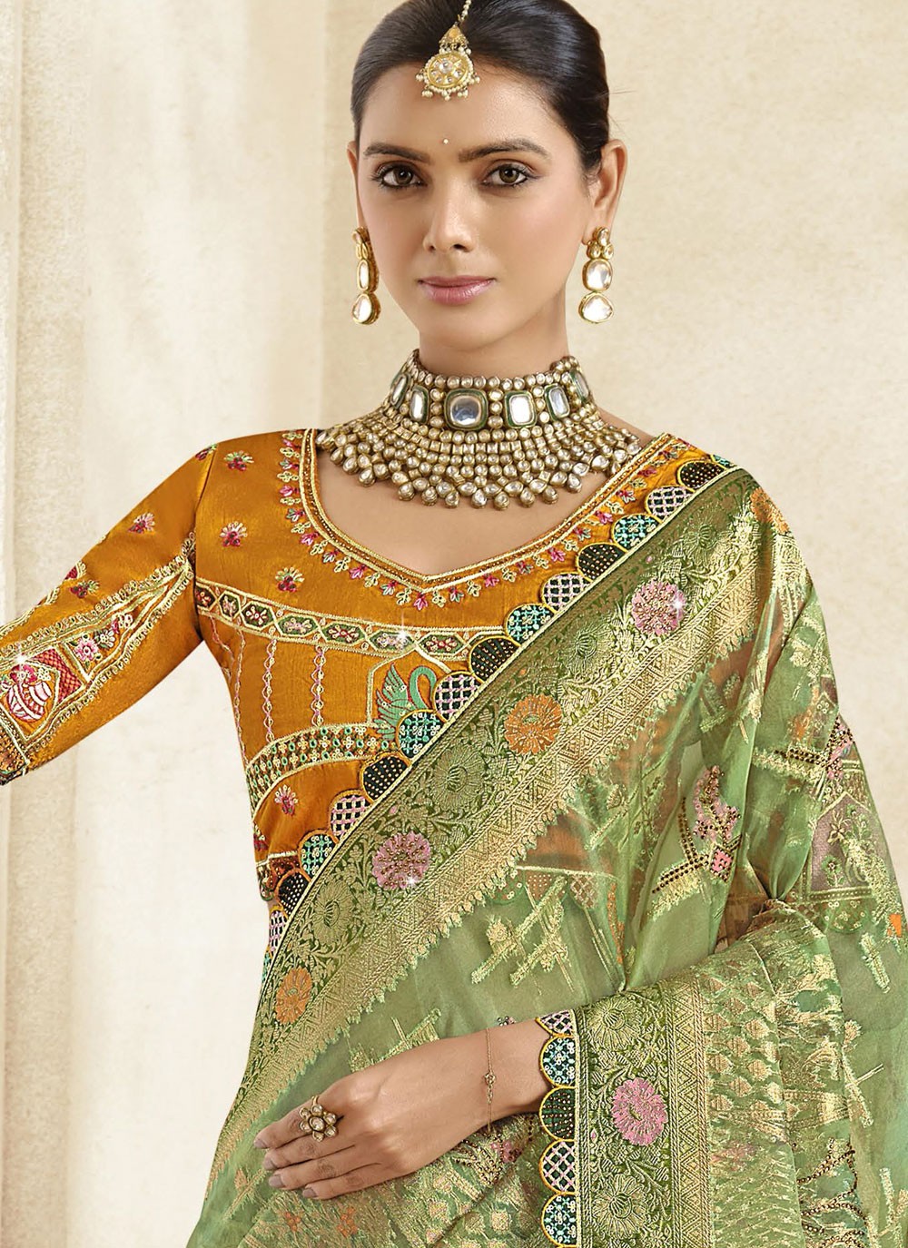 Cut Work Silk Green Trendy Saree S15461