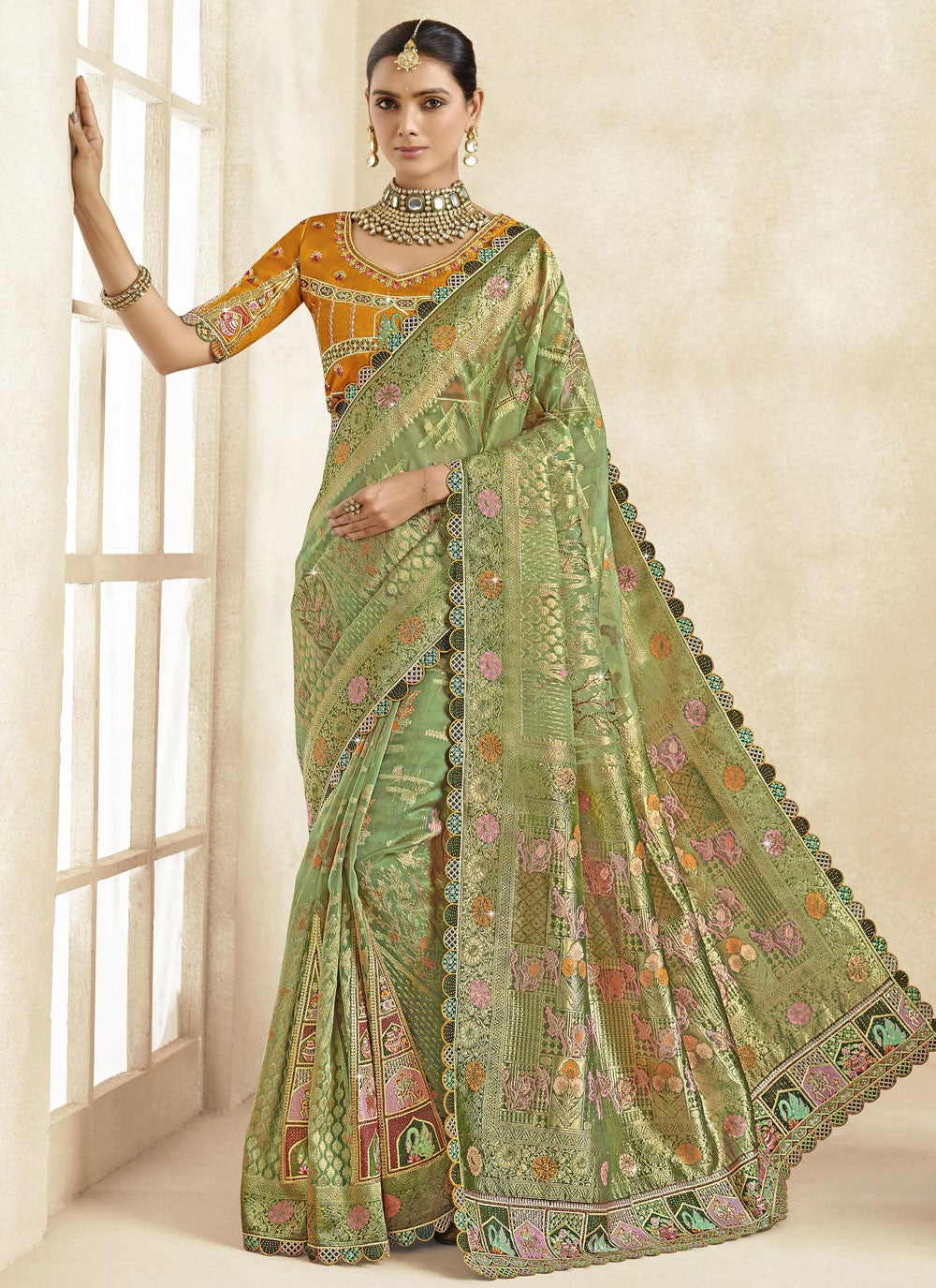 Cut Work Silk Green Trendy Saree S15461