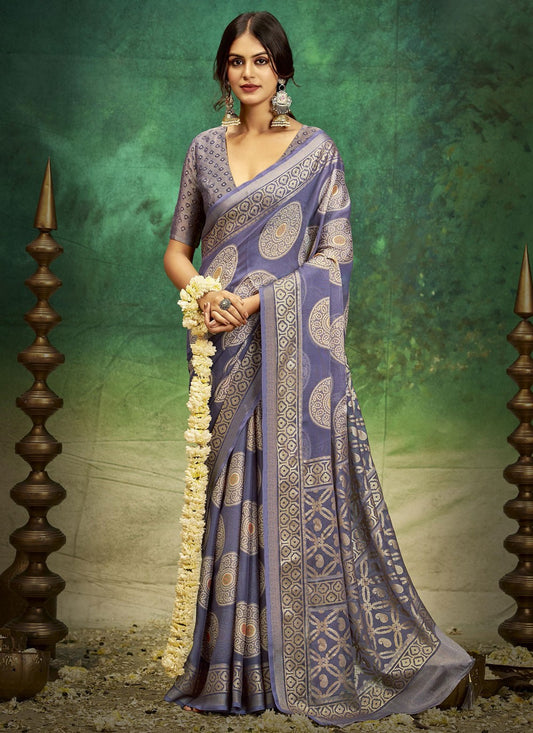 Violet Silk Trendy Saree Jacquard Work, Printed S17390
