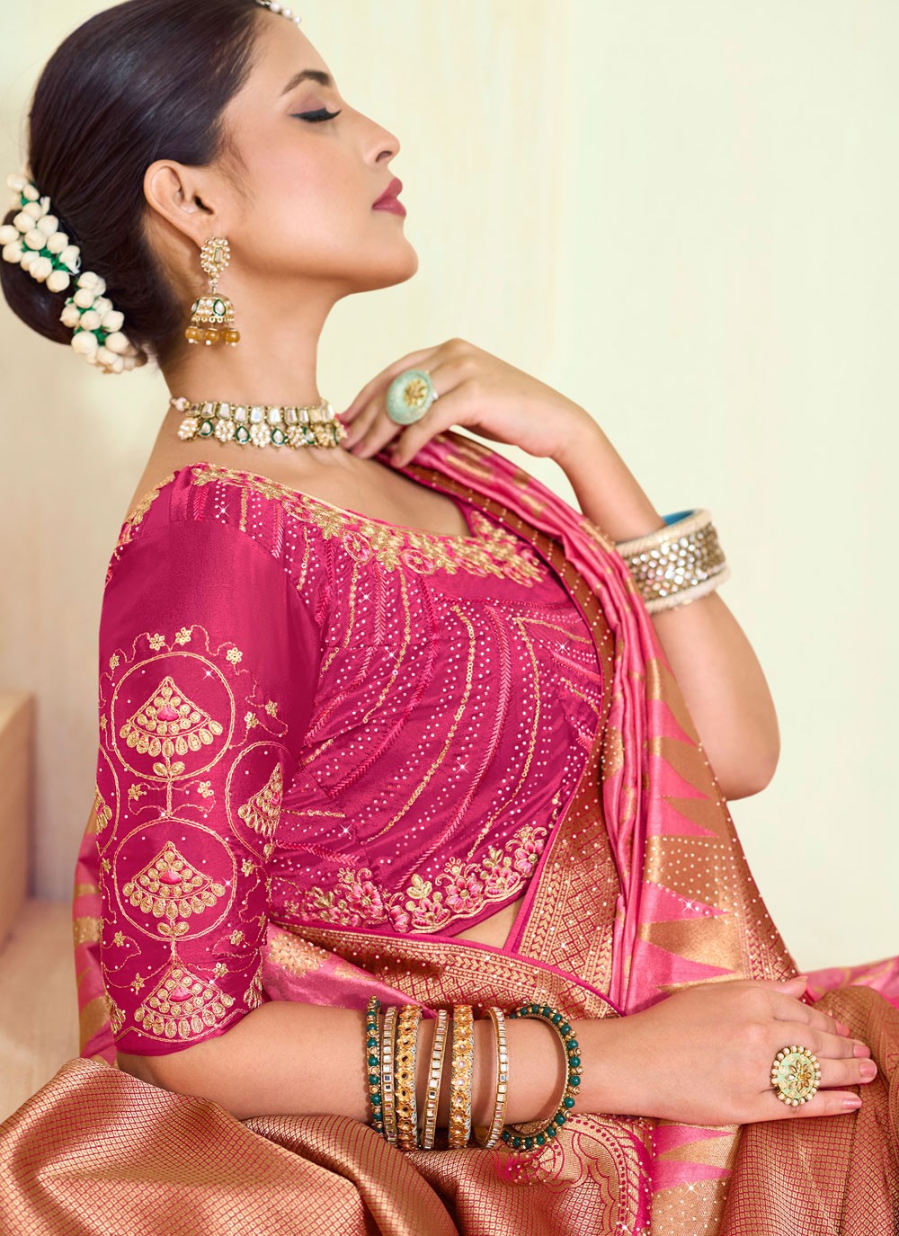 Classic Saree Paisley Printed Pink Silk S12658