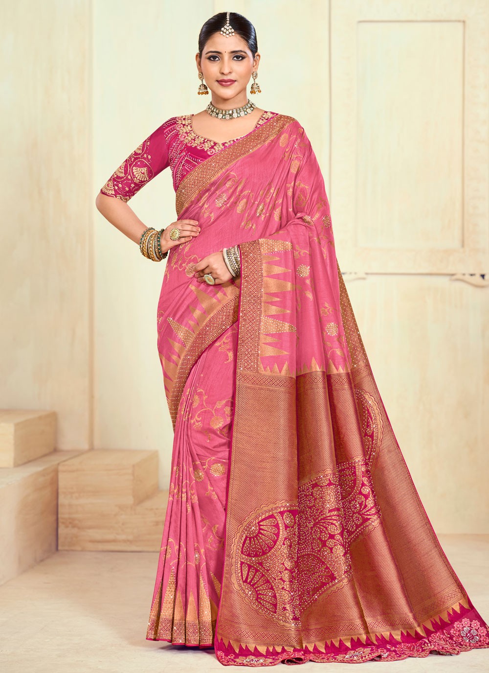 Classic Saree Paisley Printed Pink Silk Saree S12658