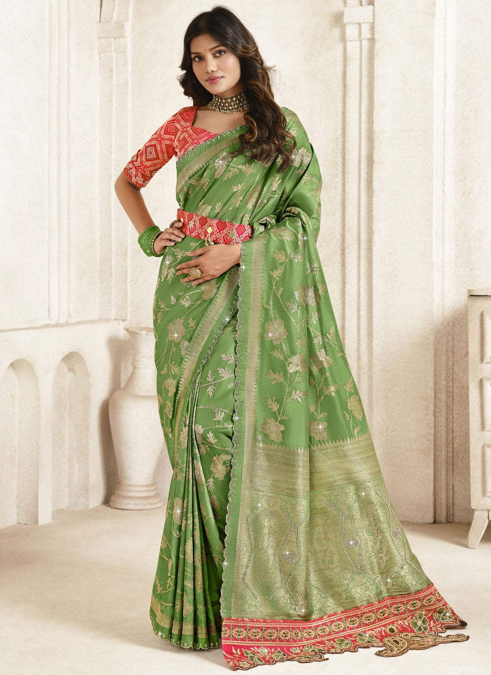 Classic Saree Embroidered Green Silk S12861