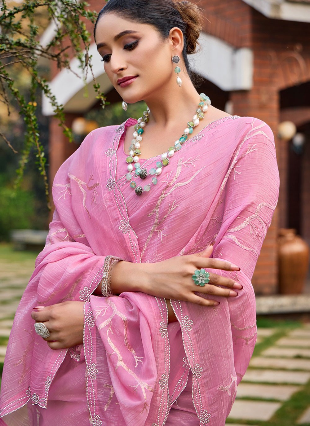 Classic Saree Swarovski Pink Silk Saree S13465