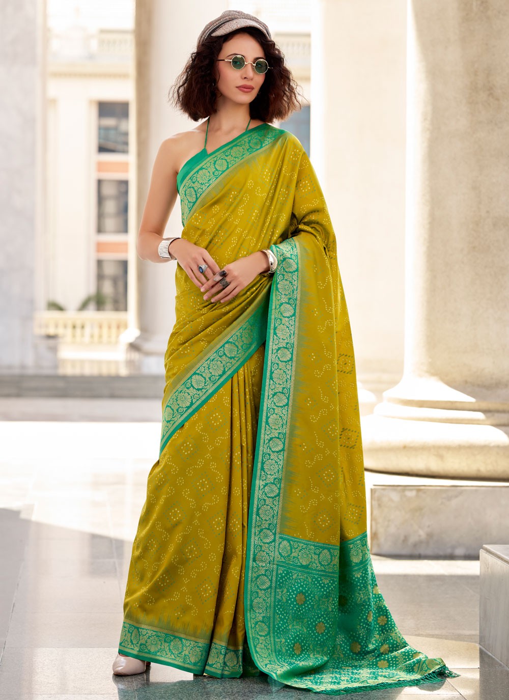 Classic Saree Foliage Prints Green, Mustard Silk Saree S13732