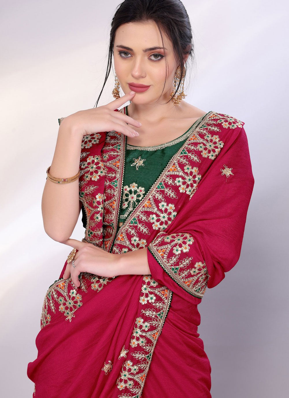 Embroidered Silk Hot Pink Saree S13822