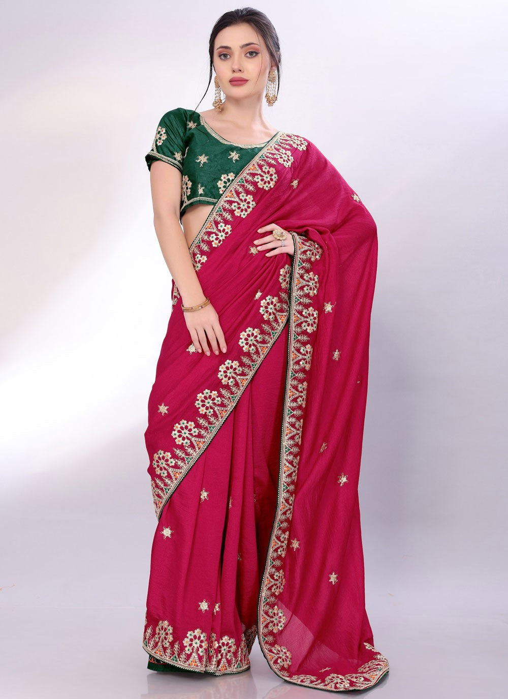Embroidered Silk Hot Pink Saree S13822