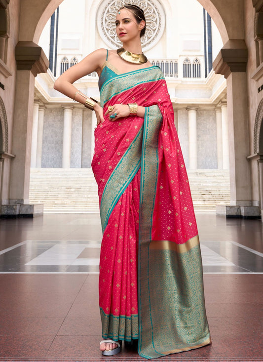 Weaving Zari Silk Hot Pink Saree S14425