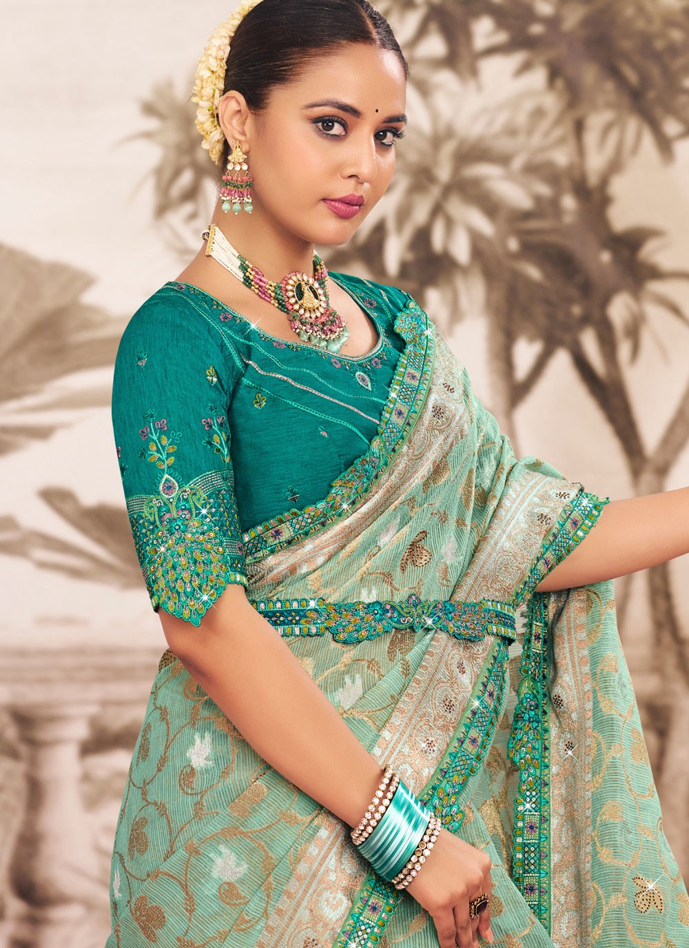 Sea Green Silk Classic Saree Embroidered, Lace S19596