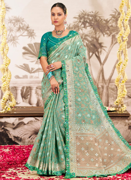 Sea Green Silk Classic Saree Embroidered, Lace S19596