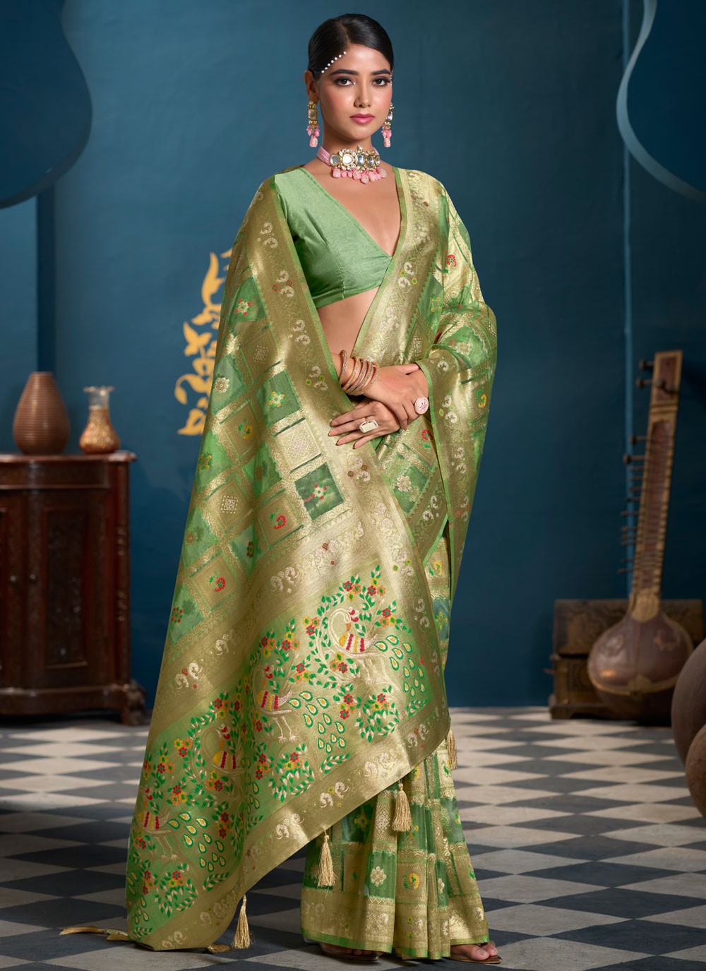 Classic Saree Multi Work Green Organza Saree S13191