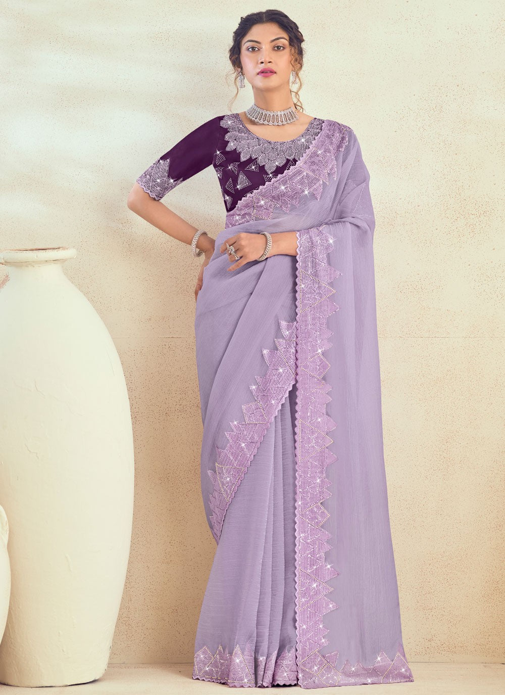 Classic Saree Fancy Work Lavender Silk Saree S13138