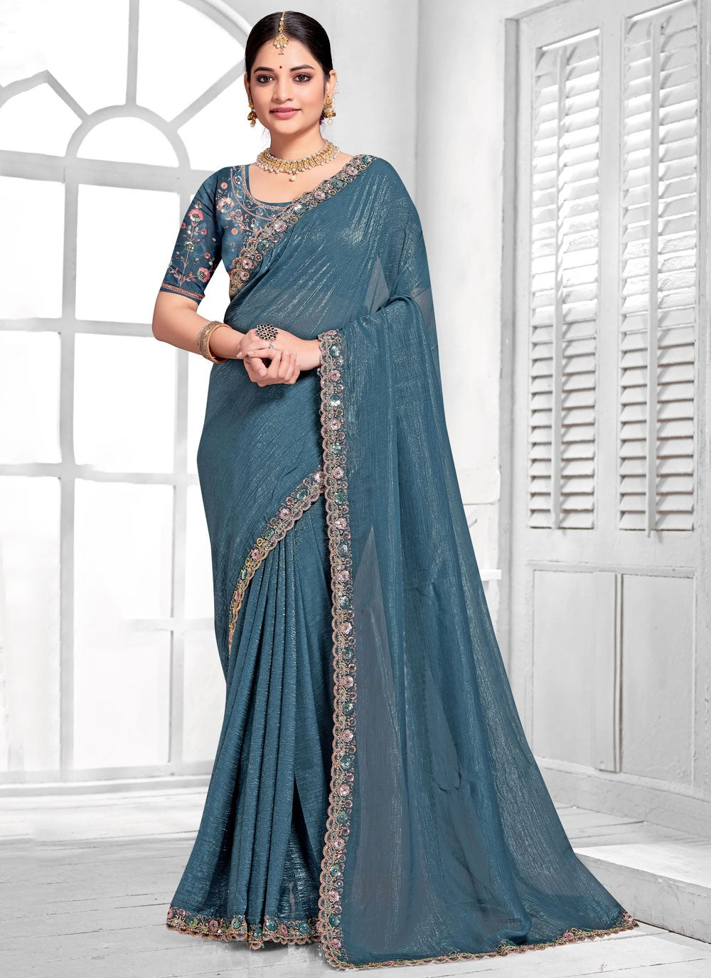 Classic Saree Contemporary Morpeach, Teal Silk Saree S13112