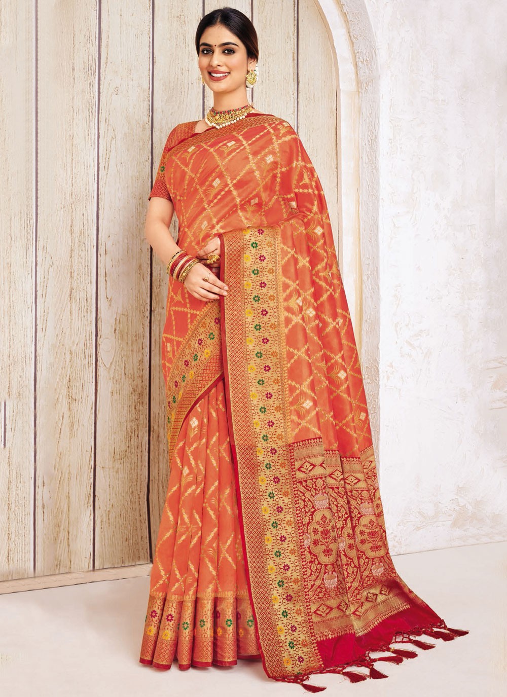 Classic Saree Weaving Zari Orange, Rust Silk Saree S13493