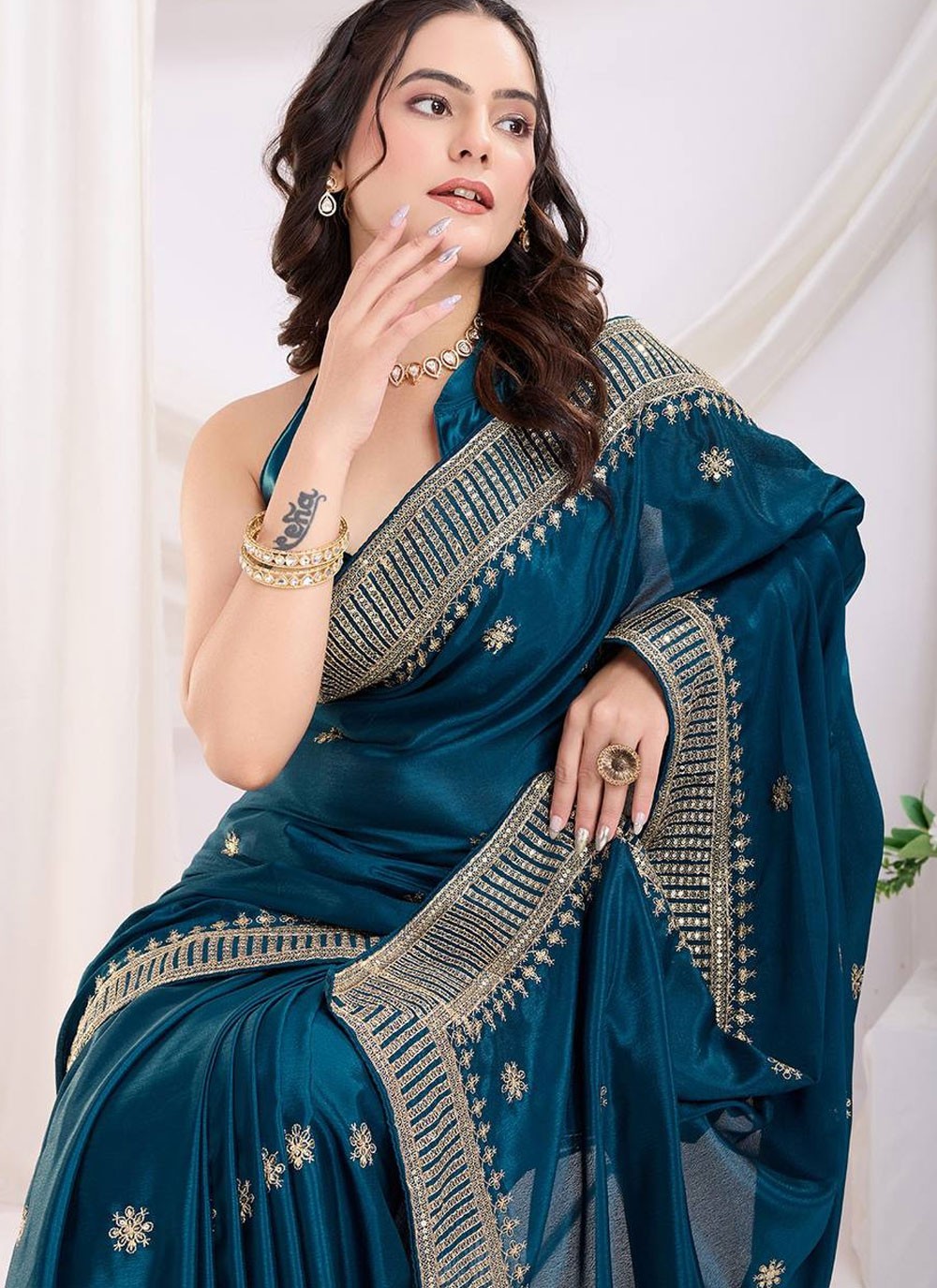 Classic Saree Border Work Teal Silk Saree S12959