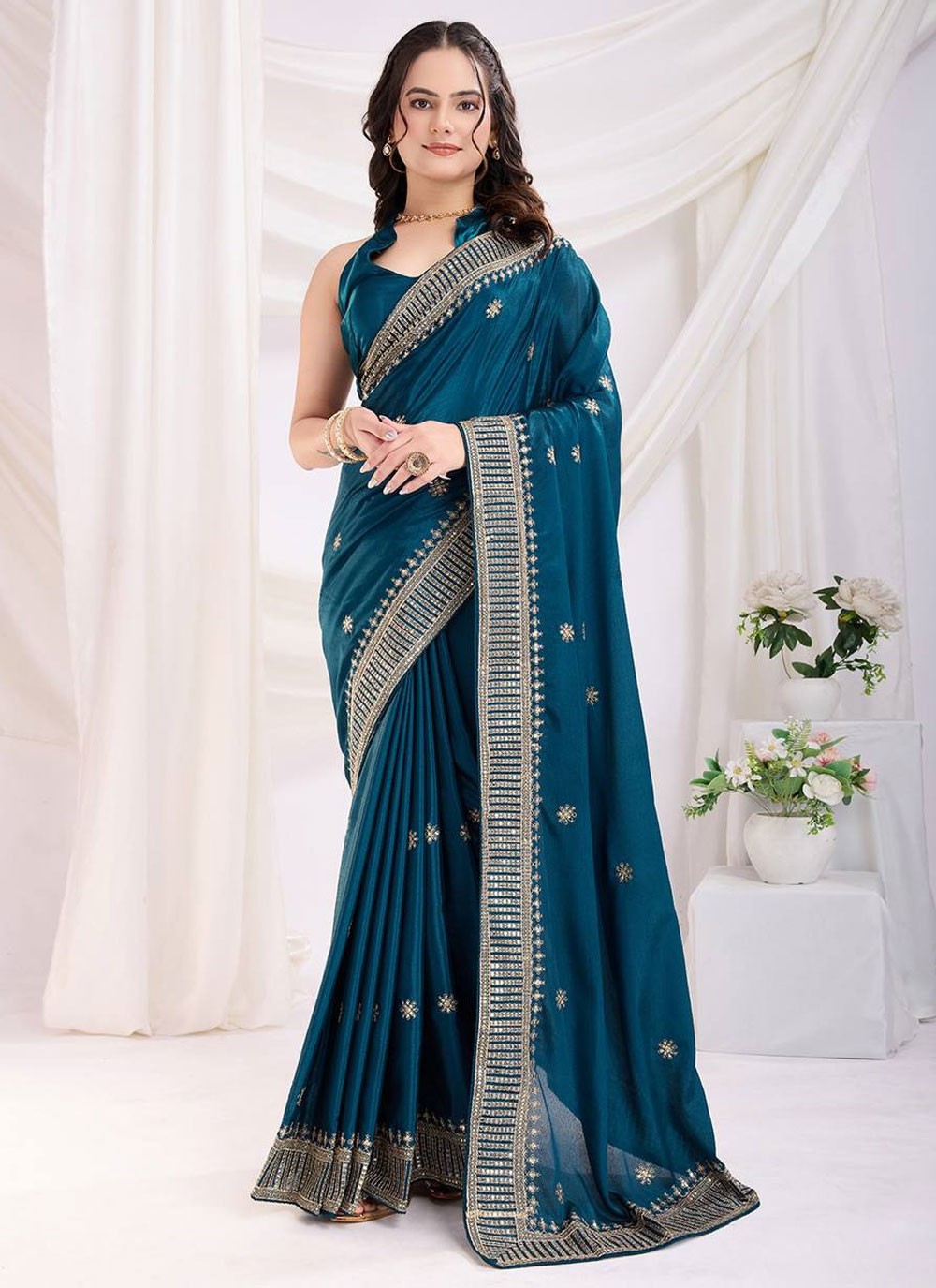 Classic Saree Border Work Teal Silk S12959