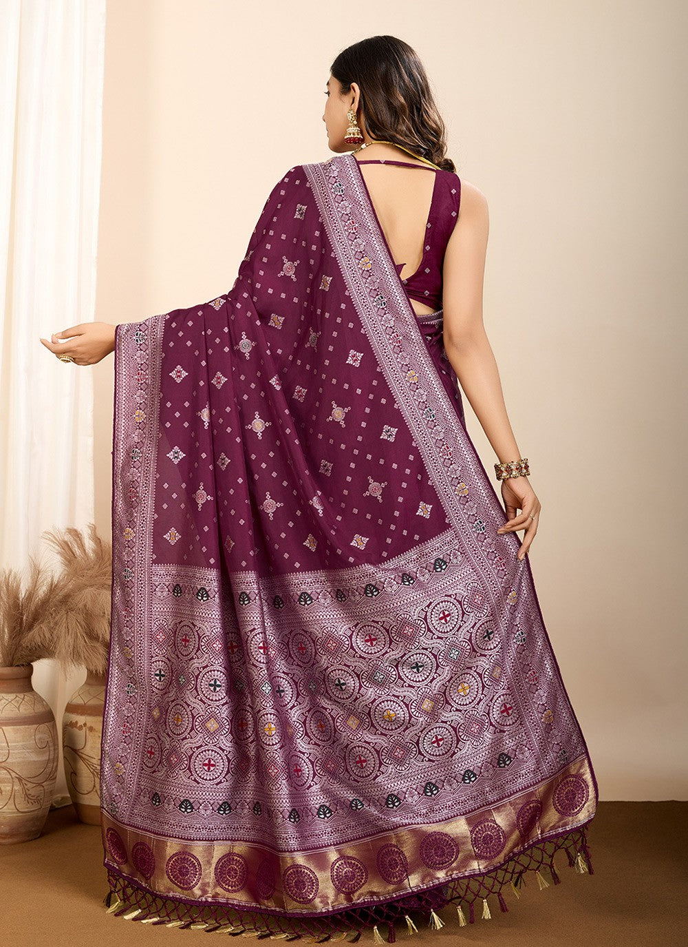 Classic Saree Meenakari Wine Silk Saree S13588