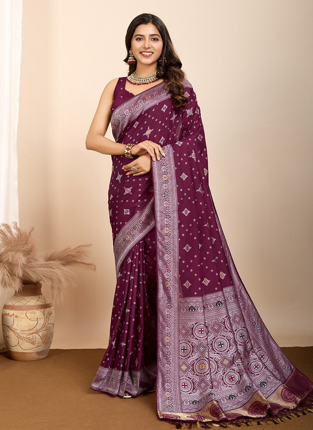 Classic Saree Meenakari Wine Silk Saree S13588