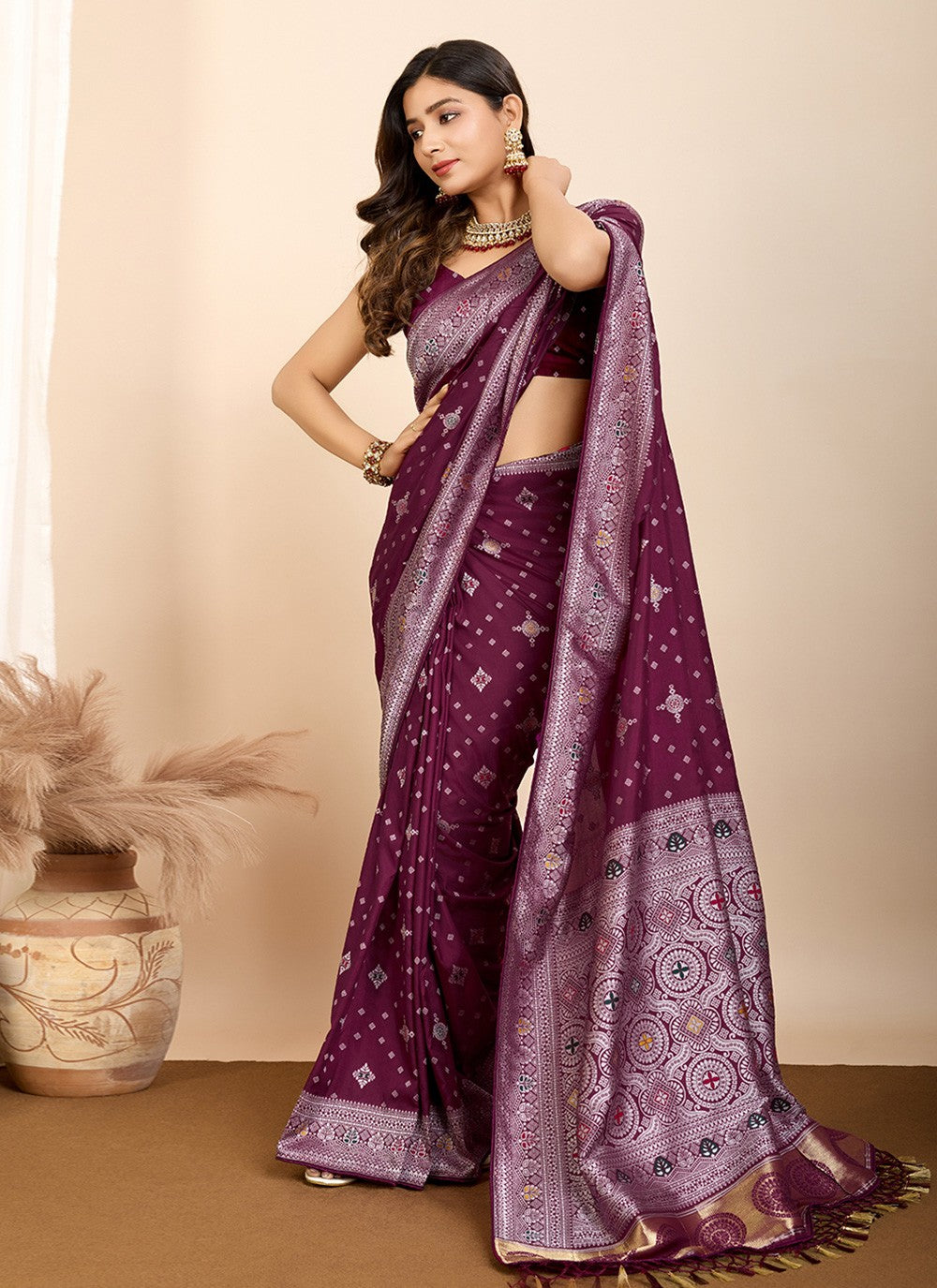 Classic Saree Meenakari Wine Silk Saree S13588