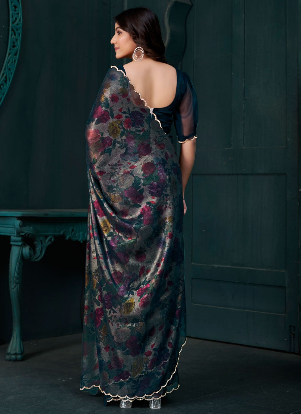 Cut Work Silk Morpeach Contemporary Saree S15131