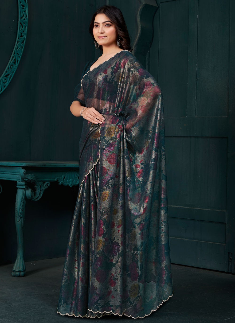 Cut Work Silk Morpeach Contemporary Saree S15131